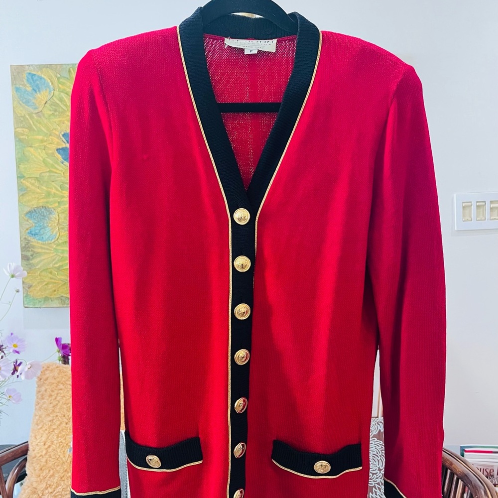 St. John Collection Red Knit Blazer with Black & Gold Accents
